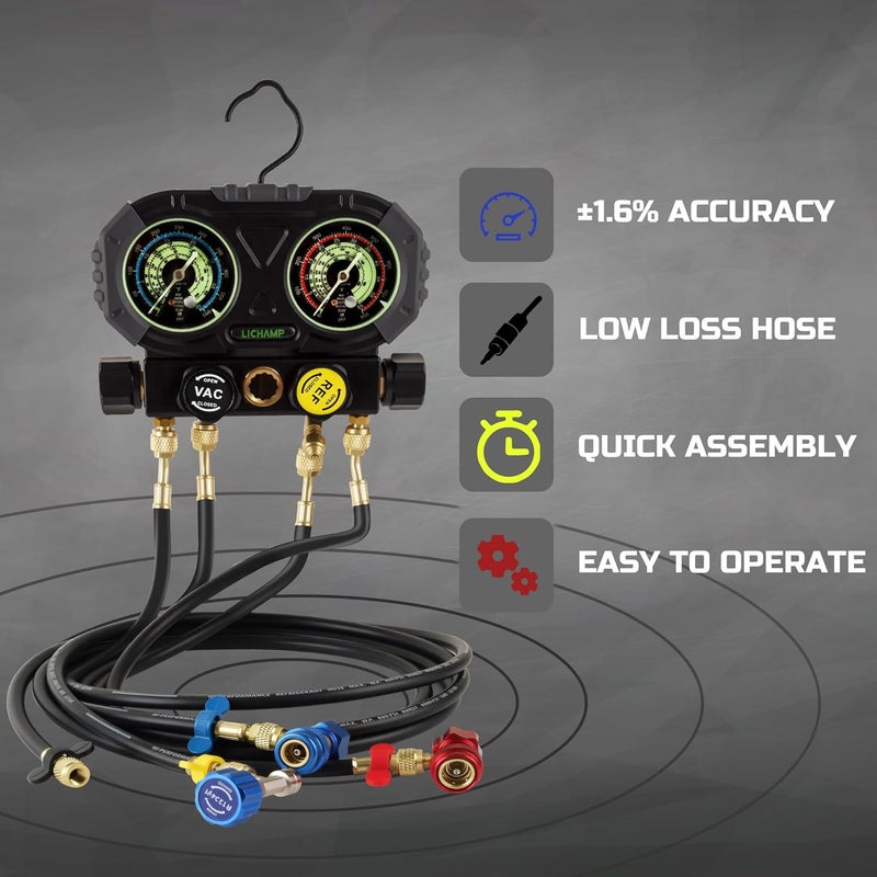 Lichamp HVAC Gauges with 5 FT Hoses, AC Manifold Gauge Set R134A R1234 R410A and R32 Refrigerant Gauges - Image 3